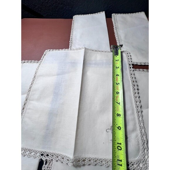 Vintage Handmade White Linen Embroidered 11 " Napkins Lace Trim Set of 6 - Picture 10 of 11